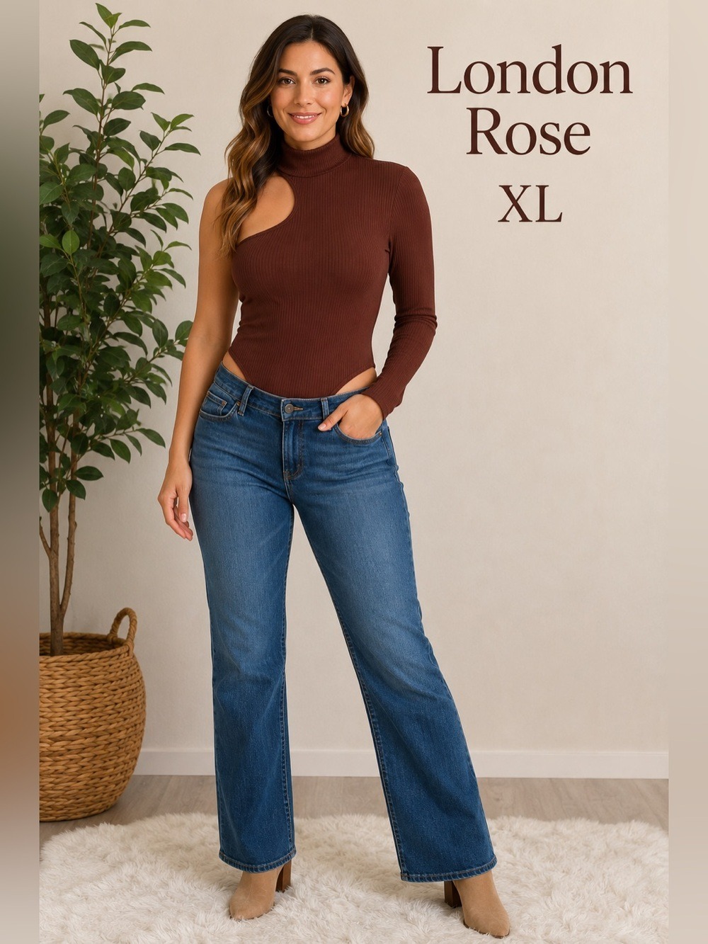 London Rose XL Cocoa Brown Ribbed One-Shoulder ribbed mockneck Bodysuit NWT